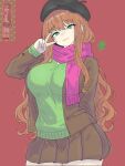 :3 artist_logo artist_name beret big_breasts black_beret breasts brown_hair brown_skirt doki_doki_literature_club drawlab33t green_eyes long_hair looking_at_viewer monika_(doki_doki_literature_club) peace_sign pink_scarf reference_image scarf simple_background skirt thick_thighs thighs v v_sign