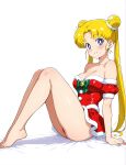 1girl accurate_art_style adult_swim alluring bare_legs barefoot bishoujo_senshi_sailor_moon bishoujo_senshi_sailor_moon_r bishoujo_senshi_sailor_moon_r_the_movie bishoujo_senshi_sailor_moon_s bishoujo_senshi_sailor_moon_s_the_movie bishoujo_senshi_sailor_moon_supers blonde_hair blue_eyes christmas cleavage dddske medium_breasts pin_up posinig santa_outfit toei_animation toonami usagi_tsukino viz_media
