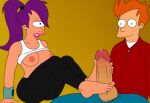 big_breasts breasts_out crop_top erect_nipples erect_penis footjob futurama huge_penis philip_j._fry precum thighs turanga_leela
