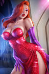 1girl arm_at_side arm_behind_back ayyasap bare_legs bare_shoulders big_breasts breasts cleavage collarbone contrapposto disney dress elbow_gloves expressionless eyeshadow female_only female_solo gloves green_eyes hair_over_one_eye half-closed_eyes head_tilt indoors jessica_rabbit lavender_eyeshadow legs lips lipstick long_dress long_hair looking_at_viewer makeup neck orange_hair parted_lips performance pose posing purple_gloves red_dress red_lipstick serious side_slit standing straight_hair strapless strapless_dress thick_lips thighs who_framed_roger_rabbit