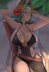 1girl 1girl alluring armpits arms_behind_head beach beach_chair black_one-piece_bikini cleavage dark-skinned_female dark_skin fire_emblem fire_emblem_heroes flower foliage gold_horns gradient_hair green_hair hair_flower hair_ornament hibiscus high_res huge_breasts intelligent_systems laegjarn_(fire_emblem) laegjarn_(summer)_(fire_emblem) lips looking_at_viewer multicolored_hair nintendo official_alternate_costume one-piece_bikini orange_hair parted_lips red_eyes sand sarong seductive_gaze shade short_hair shou_illust side-tie_swimsuit sideboob sitting sunbathing swimsuit teeth