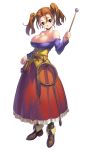 1girl bare_shoulders blush breasts cleavage corset dragon_quest dragon_quest_viii dress earrings jessica_albert jewelry large_breasts purple_shirt red_eyes red_hair shirt simple_background smile solo square_enix standing strapless_dress uchiu_kazuma wand whip white_background