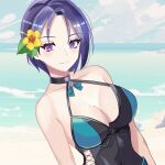 1girl 1girl absurd_res alluring big_breasts black_choker black_one-piece_bikini blue_one-piece_bikini breasts choker cleavage clothing_cutout fire_emblem fire_emblem:_three_houses fire_emblem_heroes flower hair_flower hair_ornament halterneck high_res hip_vent intelligent_systems looking_at_viewer n_54 nintendo official_alternate_costume one-piece_bikini purple_eyes purple_hair shamir_nevrand shamir_nevrand_(summer) smile swimsuit two-tone_swimsuit upper_body