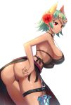 1girl alluring ass big_breasts black_one-piece_bikini dark-skinned_female dark_skin female_focus fire_emblem fire_emblem_heroes flower from_behind gradient_hair green_hair hair_flower hair_ornament high_res intelligent_systems laegjarn_(fire_emblem) laegjarn_(summer)_(fire_emblem) looking_back multicolored_hair nintendo one-piece_bikini orange_hair red_eyes shira_yu_ki short_hair sideboob silf simple_background strap_gap swimsuit thigh_strap white_background