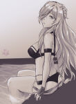 1girl 1girl 1girl alluring alternate_costume ass big_ass bikini female_only fingerless_gloves fire_emblem fire_emblem:_three_houses fire_emblem_heroes fire_emblem_warriors:_three_hopes flower gloves greyscale hair_flower hair_over_one_eye intelligent_systems long_hair looking_at_viewer looking_back medium_breasts monochrome nintendo official_alternate_costume rinku_bny shez_(fire_emblem) shez_(fire_emblem)_(female) shez_(summer)_(fire_emblem) sitting swimming_pool swimsuit water