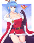 1girl absurd_res alluring alternate_costume animal_ear_hairband animal_ears antlers bangs bare_shoulders bare_thighs belt big_breasts bird black_gloves black_panties blue_hair border braid brown_eyes cape christmas cleavage closed_mouth collarbone commission crown_braid dress elbow_gloves fake_animal_ears fake_antlers female_only fire_emblem fire_emblem:_three_houses fur-trimmed_cape fur_trim gloves grey_eyes hairband hat high_res intelligent_systems light_blue_hair long_hair looking_at_viewer marianne_von_edmund nintendo outside_border panties pantyshot pantyshot_(standing) red_cape santa_hat short_hair shoulders sidelocks smile standing stockings thighs truejekart underwear upskirt white_border white_hairband
