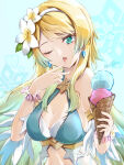 1girl alluring alternate_hairstyle aqua_bikini bikini blonde_and_teal_hair blue_bikini blue_eyes clear_glass_(mildmild1311) earrings feather_trim fire_emblem fire_emblem_heroes fjorm_(fire_emblem) fjorm_(summer)_(fire_emblem) flower flower_hairband food gradient_hair hair_flower hair_ornament high_res holding holding_food holding_ice_cream ice_cream ice_cream_cone intelligent_systems jewelry long_hair looking_at_viewer medium_breasts multicolored_hair multiple_scoops nintendo official_alternate_costume open_mouth swimsuit waffle_cone