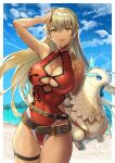 1girl 1girl absurd_res alluring alternate_costume bare_shoulders beach belt big_breasts blonde_hair blue_sky cleavage cloud commission commissioner_upload dark-skinned_female dark_skin female_focus fire_emblem fire_emblem:_the_binding_blade hand_on_own_head high_res highleg highleg_one-piece_bikini holding holding_toy huge_filesize igrene_(fire_emblem) inflatable_toy intelligent_systems iria_(yumeirokingyo) long_hair looking_at_viewer matching_hair/eyes mole mole_under_eye nintendo one-piece_swimsuit outside parted_lips red_one-piece_bikini signature skeb_commission skindentation sky standing swimsuit thigh_strap toy wet yellow_eyes