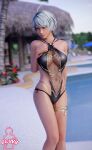 6cw8 alluring big_breasts bikini blue_eyes dead_or_alive dead_or_alive_xtreme_venus_vacation one-piece_bikini patty_(doa) pin_up silver_hair swimming_pool tecmo