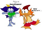 1boy 1girl 2018 anthro beanie big_breasts blue_hair blue_skin breast_expansion clothing curvy curvy_female dialogue english_text fang fins fish frilligan horse_folder huge_breasts lenstar_productions leotard looking_at_another looking_back marine motion_lines orange_skin pike_(lenstar) seachuck sharp_teeth surprised tail text thick_thighs vinny_van_yiffy