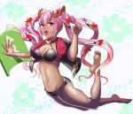 1girl 1girl alluring alternate_costume bare_legs barefoot bikini black_bikini cleavage cropped_jacket female_focus fire_emblem fire_emblem_heroes flower full_body gradient_hair hair_flower hair_ornament hair_vines intelligent_systems jumping kickboard laevatein_(fire_emblem) laevatein_(summer)_(fire_emblem) laevateinn_(fire_emblem) looking_at_viewer medium_breasts multicolored_hair navel nintendo open_mouth pink_hair purple_hair quad_tails red_eyes silf soles sukkirito_(rangusan) swimsuit two-tone_hair wet