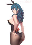 1girl animal_ears areola_slip ass bare_arms bare_shoulders big_breasts black_hairband black_leotard blue_eyes bow brown_pantyhose byleth_(fire_emblem) byleth_(fire_emblem)_(female) closed_mouth cowboy_shot dakkalot fake_animal_ears fake_tail fire_emblem fire_emblem:_three_houses from_behind hair_between_eyes hairband intelligent_systems leotard looking_at_viewer looking_back nintendo pantyhose playboy_bunny rabbit_ears rabbit_tail red_bow simple_background smile strapless strapless_leotard tail teal_hair white_background