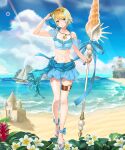 1girl 1girl alluring beach bikini blonde_hair blue_eyes cleavage cloud cloudy_sky earrings fire_emblem fire_emblem_heroes fjorm_(fire_emblem) high_res intelligent_systems jewelry lighthouse looking_at_viewer nintendo polearm sand_castle sand_sculpture sandals short_hair skirt sky small_breasts smile spear swimsuit swimsuit_skirt weapon