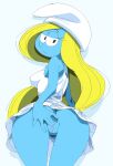 1girl ass blonde_hair blue_skin presenting_pussy pussy smurfette tagme the_smurfs yellow_hair yev-san