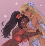 2_girls ;d alluring alternate_costume armpits between_breasts big_breasts black_hair blonde_hair cleavage commentary commission dancer dark-skinned_female dark_skin earrings english_commentary face_between_breasts fire_emblem fire_emblem:_the_binding_blade fire_emblem_engage flower grin hair_between_eyes hair_flower hair_ornament head_between_breasts hoop_earrings hugging igrene_(fire_emblem) intelligent_systems jewelry long_hair looking_at_viewer mole mole_under_eye multiple_girls nintendo one_eye_closed open_mouth ponytail red_eyes smile star-shaped_pupils star_(symbol) symbol-shaped_pupils symoca timerra_(fire_emblem) very_dark_skin yellow_eyes yuri