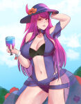 1girl alluring alternate_costume beauty_mark big_breasts bikini blue_one-piece_bikini blue_swimsuit cleavage drink female_only fire_emblem fire_emblem_engage fire_emblem_heroes hat intelligent_systems ivy_(fire_emblem) lipstick long_hair looking_at_viewer mole mole_under_mouth nintendo official_alternate_costume one-piece_bikini pink_eyes pink_hair pink_lips pink_lipstick purple_one-piece_bikini purple_swimsuit rinku_bny see-through swimsuit very_long_hair