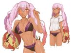 1girl 1girl alluring ass bikini dark-skinned_female dark_skin female_focus fire_emblem fire_emblem_heroes gradient_hair hair_ornament intelligent_systems laevateinn_(fire_emblem) long_hair looking_at_viewer multicolored_hair navel nintendo one_eye_closed pink_hair red_eyes shirt silf swimsuit tnmrdgr twin_tails