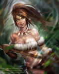 1girl amazon arm_at_side bare_shoulders big_breasts blurry blurry_background breasts brown_hair brown_lipstick cleavage dark-skinned_female dark_skin day depth_of_field dutch_angle emerald emerald_(gem) emerald_(stone) fang fang_necklace fangs female_only female_solo fighting_stance floating_hair forehead_jewel gem gemstone green_eyes green_gem green_gemstone grin hand_up high_ponytail holding holding_staff holding_weapon jewelry jungle league_of_legends lips lipstick long_hair looking_at_viewer looking_to_the_side loputon loputon_(artist) makeup midriff nature naughty_face navel neck necklace nidalee nidalee_(league_of_legends) outside ponytail revealing_clothes riot_games smile staff standing straight_hair strapless tied_hair weapon wind