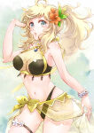 1girl 1girl ahoge alluring alternate_costume alternate_hairstyle bare_shoulders bikini black_bikini blonde_hair bracelet cleavage ebi_puri_(ebi-ebi) fire_emblem fire_emblem_fates gluteal_fold grey_eyes intelligent_systems jewelry long_hair looking_at_viewer medium_breasts multicolored_bikini nintendo ophelia_(fire_emblem) ponytail sarong see-through_clothes swimsuit thigh_strap two-tone_bikini upper_body yellow_bikini