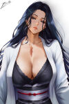 1girl big_breasts black_hair bleach blue_eyes brnn bubble_butt cleavage horny inviting_to_sex looking_at_viewer pose retsu_unohana standing teasing thick_thighs unohana_retsu