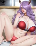 1girl 1girl 1girl alluring antlers arm_support artist_name backlighting bare_shoulders barefoot belt belt_buckle big_breasts bra buckle camilla_(fire_emblem) choker christmas cleavage collarbone fingernails fire_emblem fire_emblem_fates fire_emblem_warriors fur-trimmed_bra fur_trim gold_choker hair_over_one_eye intelligent_systems kaos_art leaning_to_the_side light-skinned_female light_skin long_hair navel nintendo panties patreon_username purple_eyes purple_hair red_bra red_panties reindeer_antlers sitting spread_legs stomach thick_thighs thighs underwear very_long_hair wide_hips