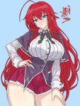 1girl ahoge artist_logo artist_name big_breasts black_bow blue_background blush bow breasts drawlab33t hand_on_hip hand_on_own_hip hand_on_own_thigh hand_on_thigh high_school_dxd long_hair looking_at_viewer red_hair rias_gremory school_uniform simple_background skirt solo_female solo_focus thick_thighs thighs