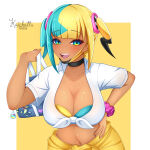 1girl 1girl 1girls aqua_eyes aqua_hair big_breasts blonde_hair blue_hair bra bra_peek breasts canari_(pokemon) canary_(pokemon) choker cleavage dark-skinned_female facemask female_focus female_only game_freak gyaru kaichatta mask mask_pull multicolored_bra multicolored_clothing multicolored_eyes multicolored_hair multicolored_mask navel nintendo pokemon pokemon_character pokemon_legends:_z-a school_uniform schoolgirl split-color_hair twin_tails two-tone_bra two-tone_mask two_tone_hair yellow_eyes