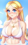 1girl 1girl alluring anisdrawn bare_shoulders big_breasts bikini blonde_hair blue_eyes blue_sky blush cleavage cloud commentary_request day high_res long_hair looking_at_viewer nintendo ocean partially_submerged pink_lips pointy_ears princess_zelda sidelocks sky stomach swimsuit the_legend_of_zelda the_legend_of_zelda:_tears_of_the_kingdom triforce upper_body very_long_hair water white_bikini