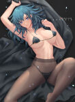 1girl alluring arm_up artist_name azto_dio aztodio big_breasts bikini black_bikini blue_eyes blush brown_pantyhose byleth_(fire_emblem) byleth_(fire_emblem)_(female) collarbone female_focus fire_emblem fire_emblem:_three_houses green_hair hair_between_eyes high-waist_pantyhose high_res intelligent_systems long_hair looking_at_viewer lying micro_bikini navel nintendo on_back pantyhose smile spread_legs swimsuit thighs