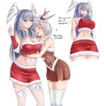 1girl 2_girls absurd_res alluring annoyed bare_shoulders big_breasts blue_eyes brown_dress cat_ears cat_girl catgirl christmas christmas_outfit core_crystal dress embarrassed facial_markings female_only high_res hugging long_hair melia_antiqua midriff monolith_soft navel nia nia_(xenoblade) nintendo silver_hair skirt stockings succducc888 thick_thighs thighs uncomfortable very_long_hair wings wings_on_head xenoblade_(series) xenoblade_chronicles_3 yuri