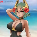 1girl 1girl alluring arm_behind_head beach big_breasts black_one-piece_bikini blurry blurry_background crown dark-skinned_female dark_skin fire_emblem fire_emblem_heroes flower green_hair hair_flower hair_ornament hayato_stuff intelligent_systems laegjarn_(fire_emblem) laegjarn_(summer)_(fire_emblem) lipstick looking_away makeup nintendo ocean official_alternate_costume one-piece_bikini pink_lips short_hair swimsuit watermark