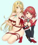 1girl 2_girls alluring big_breasts blonde_hair blush brown_hair cape christmas earrings embarrassed gloves headpiece heroine heroines jewelry long_hair looking_at_viewer multiple_females multiple_girls mythra_(xenoblade) naked_ribbon nintendo pyra_(xenoblade) red_eyes red_hair red_shorts ribbon ribboned_body short_hair shorts shoulder_armor smile sssemiii tiara xenoblade_(series) xenoblade_chronicles_2