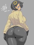 1girl ass big_breasts black_hair blue_eyes breasts coat detective drawlab33t emma_(pokemon) emma_(pokemon_legends:_z-a) grey_background hair_ornament large_ass looking_at_viewer looking_back matiere_(pokemon) matiere_(pokemon_legends:_z-a) nintendo pokemon pokemon_legends:_z-a short_hair simple_background