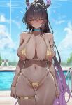 1girl ai_generated batonkhleba bikini blue_archive blush breasts crotchless crotchless_bikini gold_bikini karin_(blue_archive) nippleless_clothes nipples outside pussy pussy_juice standing sweatdrop swimming_pool thick_thighs thigh_strap useless_clothing