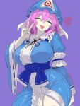 1girl artist_logo artist_name big_breasts breasts closed_eyes drawlab33t pink_hair purple_background short_hair side_slit simple_background thick_thighs thighs tongue tongue_out touhou v v_sign yuyuko_saigyouji