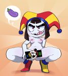 1girl 2025 areola aribujitosnsfw artist_name asking_for_sex breasts brown_hair censored color digital_media_(artwork) evil_pomni_(the_amazing_digital_circus) female female_only glitch_productions gooseworx hair hat inviting inviting_to_sex jester jester_hat looking_at_viewer mostly_nude navel nipples nude open_mouth pictographics pomni_(the_amazing_digital_circus) seductive sharp_teeth shoes solo speech_bubble spread_legs squatting teeth text the_amazing_digital_circus tongue tongue_out youtube