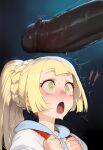 1boy 1girl ai_generated big_penis blonde_hair dark-skinned_male dark_skin green_eyes huge_cock interracial kaikoi lillie_(pokemon) male nintendo penis pokemon pokemon_sm surprised surprised_expression