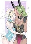 2_girls adapted_costume alluring animal_ears artist_name black_gloves black_vs_white blonde_and_teal_hair blue_eyes cleavage dark-skinned_female dark_skin detached_collar earrings fake_animal_ears female_focus fire_emblem fire_emblem_heroes fjorm_(fire_emblem) from_side gloves gradient_hair green_hair high_res intelligent_systems intelligent_systes jewelry laegjarn_(fire_emblem) multicolored_hair multiple_girls nintendo orange_hair playboy_bunny rabbit_ears red_eyes sakuramotikun short_hair silf simple_background white_gloves yuri