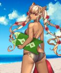 1girl 1girl alluring amiba_(nerdamiba) ass backless_outfit beach bikini black_bikini butt_crack dark-skinned_female dark_skin expressionless female_focus fire_emblem fire_emblem_heroes flower gradient_hair hair_flower hair_ornament high_res holding holding_surfboard intelligent_systems laevatein_(fire_emblem) laevatein_(summer)_(fire_emblem) laevateinn_(fire_emblem) long_hair looking_at_viewer looking_back multicolored_hair nintendo ocean pink_hair red_eyes sideboob silf small_breasts surfboard swimsuit twin_tails very_long_hair