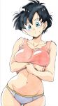 1girl 1girl big_breasts black_hair blue_eyes blush breasts clothes_lift clothing collarbone cowboy_shot dragon_ball dragon_ball_z frown jei_games looking_at_viewer midriff navel panties shirt_lift short_hair simple_background sweatdrop tank_top thigh_gap underwear videl white_background white_panties