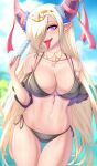 1girl 1girl alluring anisdrawn asymmetrical_horns bare_shoulders big_breasts bikini black_bikini blonde_hair cleavage cowboy_shot dragon_girl fangs fire_emblem fire_emblem_engage food hair_ornament hair_over_one_eye high_res horns intelligent_systems jewelry long_hair looking_at_viewer mature_female necklace nintendo ocean open_mouth outside pointy_ears popsicle purple_eyes sky smile swimsuit tan tassel tassel_hair_ornament tongue tongue_out uneven_horns very_long_hair zephia_(fire_emblem)