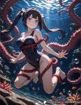1girl ai_generated anime anime_girl digital_art dungeon_ni_deai_wo_motomeru_no_wa_machigatteiru_darou_ka ecchinoaianime fanart female hestia_(danmachi) solo swimsuit tentacle tentacle_bondage tentacle_monster underwater