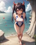 1girl 1girl 1girl arms_behind_back ass_visible_through_thighs bare_legs bare_shoulders beach big_breasts black_hair blue_one-piece_swimsuit blue_sky blush breasts cameltoe clock_eyes closed_mouth clothing cloud collarbone competition_swimsuit covered_navel covered_nipples day demon_horns falling_petals feet flip-flops full_body groin heterochromia highleg highleg_swimsuit horizon horns leaning_forward legs long_hair looking_at_viewer medium_breasts multicolored_swimsuit nipples ocean one-piece_swimsuit outside petals red_eyes red_horns rock sandals see-through see-through_swimsuit sky standing sunlight swimsuit thigh_gap thighs toenails toes twin_tails two-tone_swimsuit v-shaped_eyebrows waifuai_studio water wet wet_clothes wet_swimsuit white_one-piece_swimsuit yellow_eyes