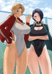 2_girls alluring bare_legs big_breasts blonde_hair blue_eyes blue_hair catherine_(fire_emblem) cleavage commission covered_navel crossed_arms dark-skinned_female dark_skin fire_emblem fire_emblem:_three_houses grin hand_on_own_hip high_res intelligent_systems jacket multiple_girls nintendo one-piece_bikini open_clothes open_jacket oyatsu_0 ponytail purple_eyes red_jacket shamir_nevrand short_hair skeb_commission smile swimsuit thick_thighs thighs waving white_one-piece_bikini