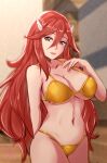 1girl 1girl 1girl alluring alternate_costume big_breasts bikini cleavage cordelia_(fire_emblem) female_only fire_emblem fire_emblem_awakening fire_emblem_warriors gold_bikini gold_swimsuit hair_between_eyes intelligent_systems long_hair nintendo red_eyes red_hair rinku_bny smile swimsuit under_boob very_long_hair yellow_bikini yellow_swimsuit