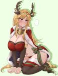 1girl all_fours alluring alternate_breast_size alternate_costume annoyed antlers bare_midriff bare_thighs big_breasts blonde_hair blue_eyes blush bra cape christmas clarisse_(fire_emblem) cleavage cosplay embarrassed female_only fire_emblem fire_emblem:_new_mystery_of_the_emblem fire_emblem_heroes green_background intelligent_systems kneel looking_at_viewer midriff navel nintendo panties red_panties speech_bubble stockings tharja_(fire_emblem)_(cosplay) thighs toshimasa underwear