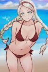 1girl absurd_res ahoge alternate_costume aqua_eyes arms_behind_back beach bikini braid commission commissioner_upload fire_emblem fire_emblem_fates grey_hair hairband high_res intelligent_systems long_hair looking_at_viewer low_twin_braids medium_breasts navel nina_(fire_emblem) nintendo ocean parted_bangs red_bikini red_hairband rotomdocs side-tie_bikini_bottom swimsuit twin_braids
