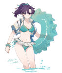 1girl 1girl 1girl alluring alternate_costume bare_thighs bikini blush bracelet collarbone commentary cropped_jacket female_only fir_(fire_emblem) fire_emblem fire_emblem:_the_binding_blade green_bikini green_swimsuit hair_ribbon high_res holding holding_innertube innertube intelligent_systems jacket jewelry looking_at_viewer mogana_zo navel nintendo open_clothes open_jacket ponytail purple_eyes purple_hair ribbon swimsuit symbol-only_commentary thighs white_background