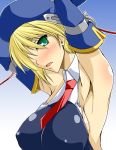 1girl alternate_breast_size arc_system_works armpits arms_up beret big_breasts blazblue blonde_hair blush breasts detached_sleeves erect_nipples female gloves green_eyes hat kanten kk large_breasts neck_tie necktie noel_vermillion short_hair sideboob solo