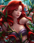 1girl air_bubbles bangs bare_arms bare_shoulders bikini breasts bubble closed_eyes disney disney_princess female female_only female_solo floating_hair grin head_tilt lips lipstick long_hair loputon loputon_(artist) makeup mermaid midriff neck outside parted_bangs parted_lips pink_lipstick plant princess princess_ariel purple_bikini purple_swimsuit red_hair red_lipstick shell shell_bikini small_breasts smile solo straight_hair strapless strapless_bikini strapless_swimsuit swimsuit the_little_mermaid the_little_mermaid_(1989_film) underwater upper_body very_long_hair wavy_hair